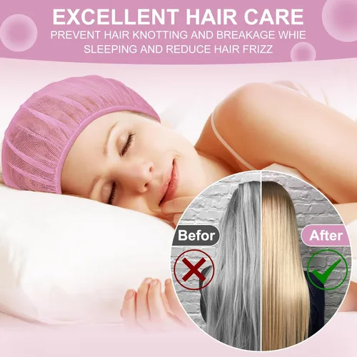 Vista 3 de Chuarry 4 gorros de malla para dormir por la noche, redes de pelo rizado, gorras de dormir para mujeres (negro, rosa)