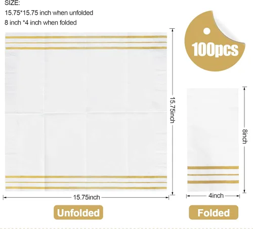 Vista 3 de 100 piezas de servilletas blancas y doradas, servilletas de papel para cena, toallas de mano desechables para baño, servilletas suaves
