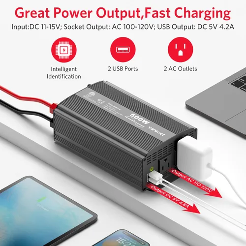 Vista 2 de Inversor de Potencia de Onda Sinusoidal Pura de 500W, Adaptador Inversor de Enchufe de Automóvil DC 12V a 110V AC con Puertos de Carga USB Duales