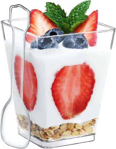 SHOPDAY Vasos de postre de plástico de 5 oz: paquete de 30 vasos cuadrados transparentes con cucharas, pequeños vasos de parfait, mini vasos de