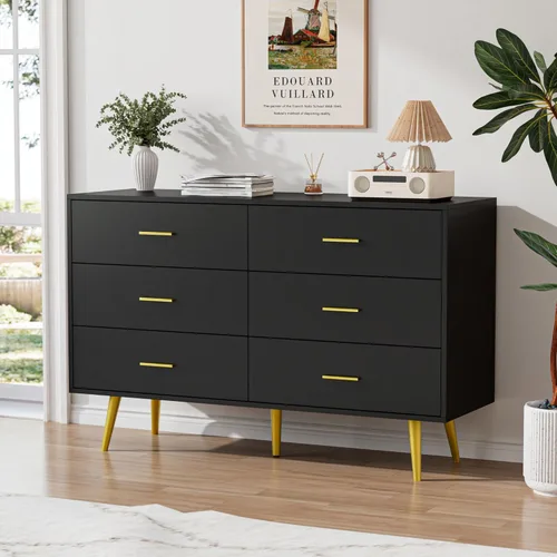 Vista 3 de CARPETNAL Cómoda negra para dormitorio, cómoda de 6 cajones con cajones anchos y asas de metal dorado, aparadores de madera y cómoda de pasillo