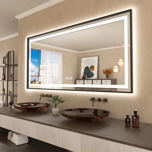 Vista 8 de Amorho Espejo de baño LED de 20 x 28 pulgadas con marco negro, luz frontal y retroiluminación, regulable continuamente, antivaho, a prueba