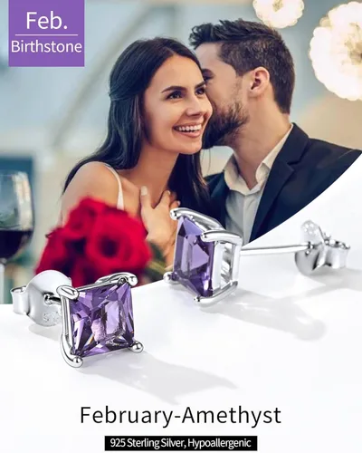 Vista 5 de ChicSilver Aretes de plata de ley 925 con forma de corazón brillante, redondaprincesa con piedra natal para mujer, joyería de cumpleaños