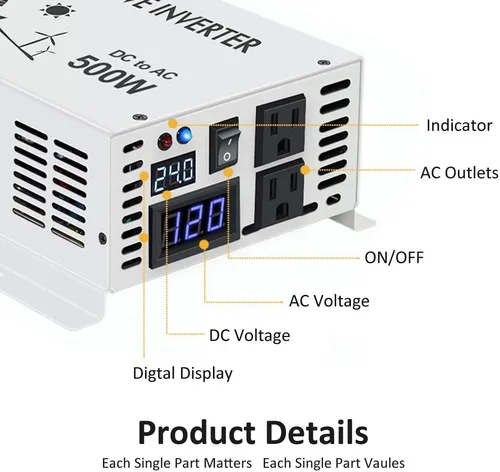 Vista 3 de WZRELB Inversor de corriente solar pura de onda sinusoidal 500w 24v DC a 120v AC 60hz