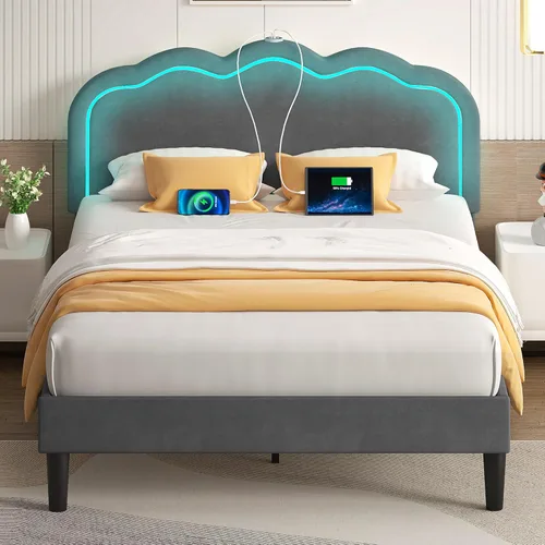 Vista 8 de VECELO Base de cama tapizada tamaño Queen con cabecero ajustable, luces LED, USB-A y tipo C, plataforma de terciopelo sin ruido, base de colchón