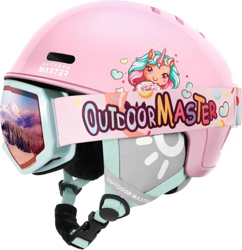 Vista 9 de OutdoorMaster - Juego de casco y gafas de esquí para niños, casco de snowboard, carcasa de PC duradera y espuma EPS, casco de nieve con 12