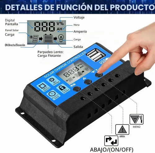 Vista 5 de Controlador de batería solar de 12 V/24 V, controlador de carga de panel solar de tierra, regulador de control de panel solar con pantalla LCD
