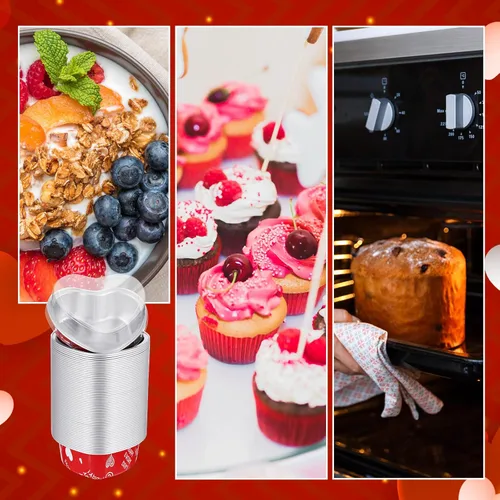 Vista 5 de Domensi Juego de 100 moldes de papel de aluminio en forma de corazón, mini tazas para cupcakes con tapas, molde para flan, desechables, para el día