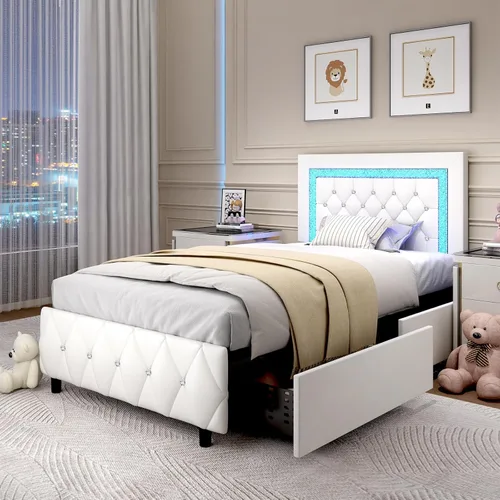 Vista 3 de BarnFurin Marcos de Cama Individual con Cajones de Almacenamiento y Luces LED, Cama Tapizada con Cabecera Capitonada con Cristales, Cama