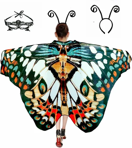 Disfraz de alas de mariposa de Halloween para mujer, alas de polilla, capa de mariposa, disfraz para adultos con máscara y diadema (3 piezas)