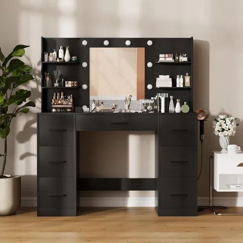 Vista 25 de Furmax Escritorio de tocador con espejo, luces LED y toma de corriente, mesa de tocador de maquillaje con 7 cajones y 6 estantes de almacenamiento