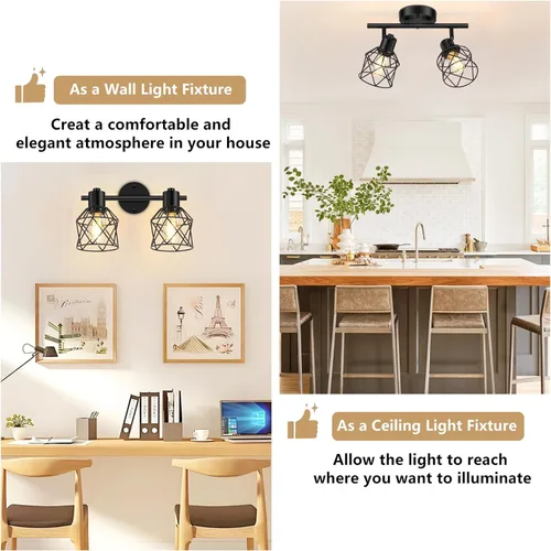 Vista 4 de Baocuz Luminarias de Cocina de 2 Luces para Montaje en Techo, Luz de Techo Semiempotrada Ajustable con Jaula de Alambre Metálico, Luminarias