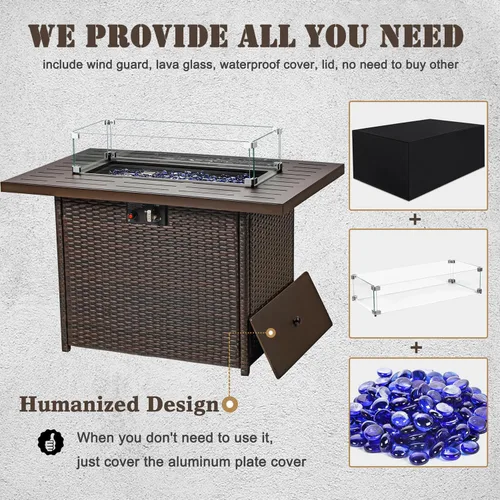 Vista 5 de Mesa de Fogata de Propano, 44 Pulgadas 55000 BTU Fogata de Gas Exterior Rectangular con Protector de Viento de Vidrio para Patio y Terraza Exterior