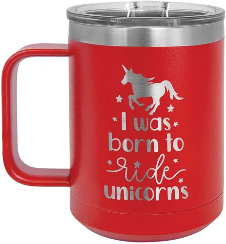 I WAS BORN TO RIDE UNICORNS Red 15 oz Coffee Cup w/Slide Top Lid | Insulated Travel Coffee Mug | Unique Gift Ideas From Women or Men | Compare Price