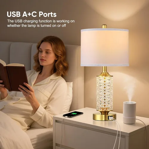Vista 5 de QiMH Juego de 2 lámparas de mesa con puertos USB A+C, moderna lámpara de noche con luz nocturna LED, lámpara de noche para dormitorio, lámparas