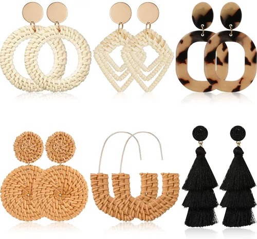 6 pares de aretes de ratán aretes de pajilla con borla bohemios hechos a mano trenzados de mimbre para mujeres y niñas