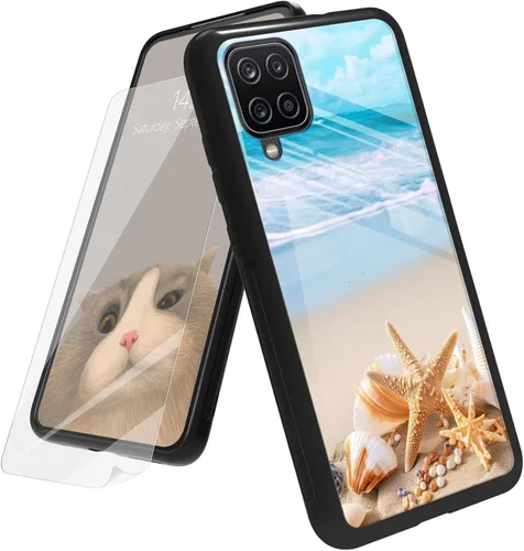 Vista 214 de Funda para Samsung Galaxy A12 5G con protector de pantalla, parte trasera de vidrio templado + TPU de silicona suave que absorbe los golpes