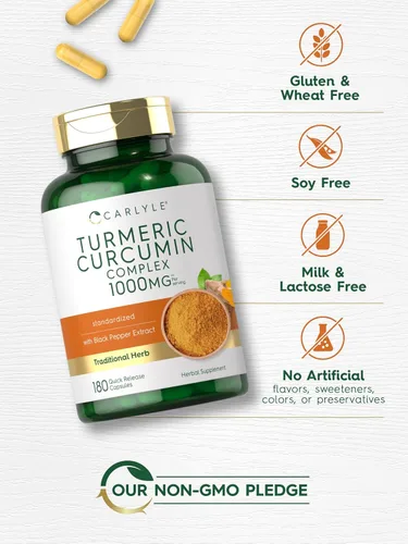 Vista 8 de Carlyle Curcumina de cúrcuma con pimienta negra de 1000 mg 180 cápsulas Suplemento de complejo de cúrcuma Sin OMG, sin gluten