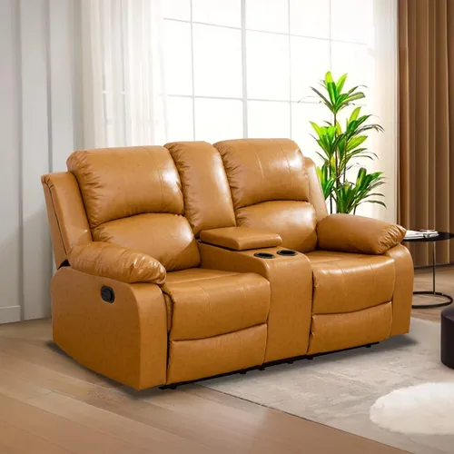 Vista 52 de Juego de Muebles para Sala de Estar, Juego de Sofá Reclinable Manual, Juegos de Sofás Reclinables de Cuero Beige con Mesa Desplegable, Sofá