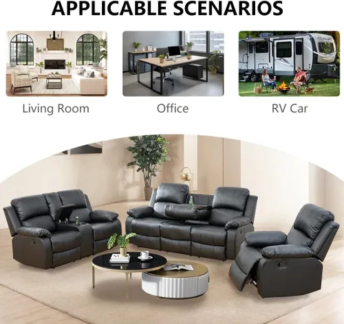 Vista 6 de Juego de sofá reclinable manual de cuero, juego de sofá reclinable negro, juego de muebles de sala de estar, sofá biplaza reclinable
