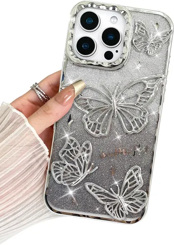 Vista 17 de BITOBE Diseñada para iPhone 16 Pro Max, Bonita Funda de Mariposa 3D Delgada con Chapado Brillante Reluciente de Lujo para Mujeres y Niñas Protectora