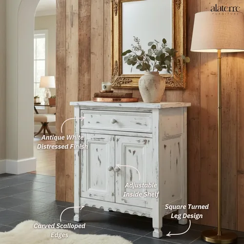 Vista 6 de Gabinete de acento de cabaña rústica con 1 cajón y 2 puertas en acabado azul antiguo para sala de estar - Requiere ensamblaje, madera desgastada