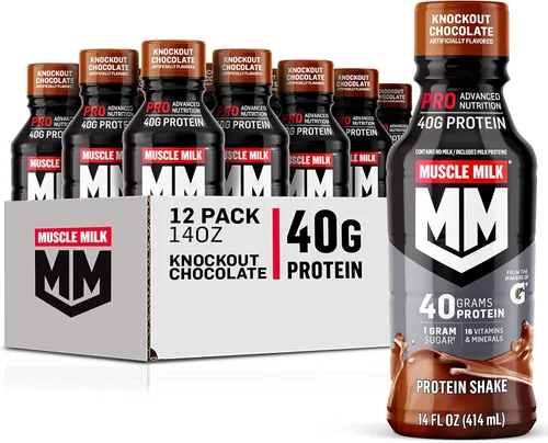 Muscle Milk Pro Advanced Nutrition - Batido de proteínas, chocolate Knockout, botella de 14 onzas líquidas, paquete de 12, 1.41 onzas de proteína,