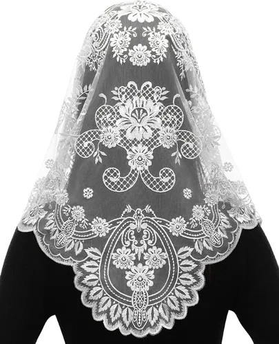 Bozidol Velos triangulares de mantilla de capilla católica bordado de camelia corta bufanda de masa latina velo de encaje de iglesia con caja de