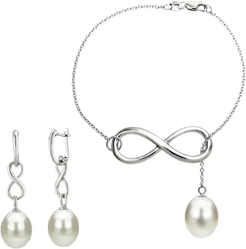 Pulsera y aretes de plata de ley de 0.335-0.354 in de forma larga cultivada de agua dulce blanca y perlas infinitas, Perla, nácar