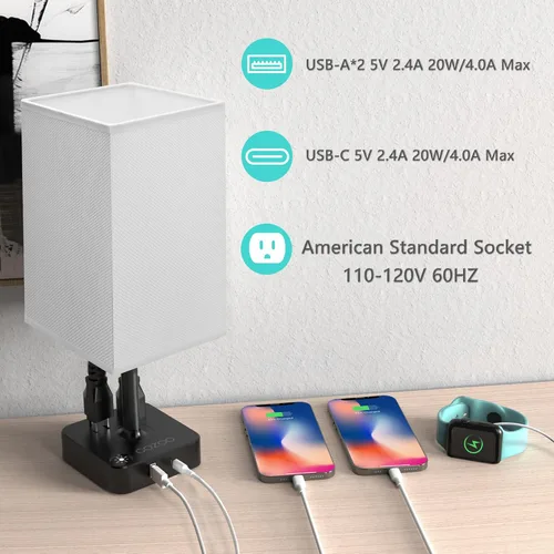 Vista 6 de Lámpara de mesa regulable cozoo USB para mesita de noche y escritorio con 2 puertos de carga USB (A+C) y 2 tomas de corriente, lámpara de mesita