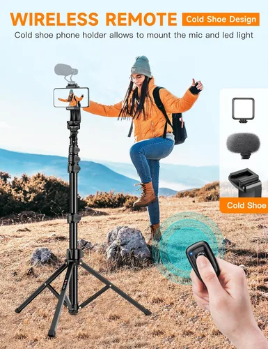 Vista 3 de Trípode para teléfono, soporte portátil de 71 pulgadas para teléfono celular con control remoto y soporte para teléfono, soporte para cámara