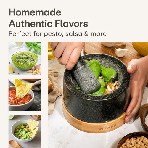 Vista 2 de Juego de mortero y mortero grande de 2 tazas, molinillo de piedra resistente para especias, hierbas y guacamole, granito duradero, base de madera