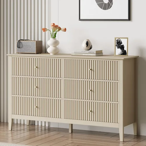 Vista 16 de RoyalCraft Cómoda de 6 cajones con espejo iluminado, cómoda de madera moderna acanalada beige, cómoda larga para almacenamiento en el dormitorio