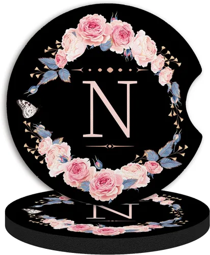 Vista 17 de 2 piezas de posavasos de coche con la letra A, posavasos absorbentes universales de neopreno con muesca para el dedo, accesorios de coche para mujer