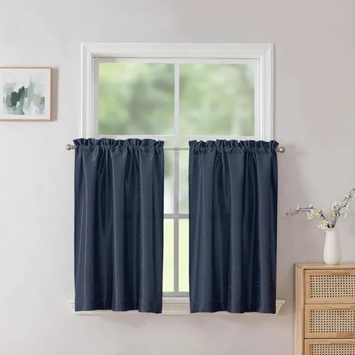 Vista 8 de Chyhomenyc Uptown - Cortinas negras de 24 pulgadas de largo, 2 paneles, cortinas cortas de seda sintética para oscurecer la habitación, cortinas