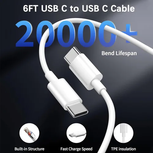 Vista 5 de Cargador de 40 W para iPhone 17 de carga rápida, paquete de 2 bloques de carga de pared USB C de doble puerto con cable USB C a USB C de 6 pies