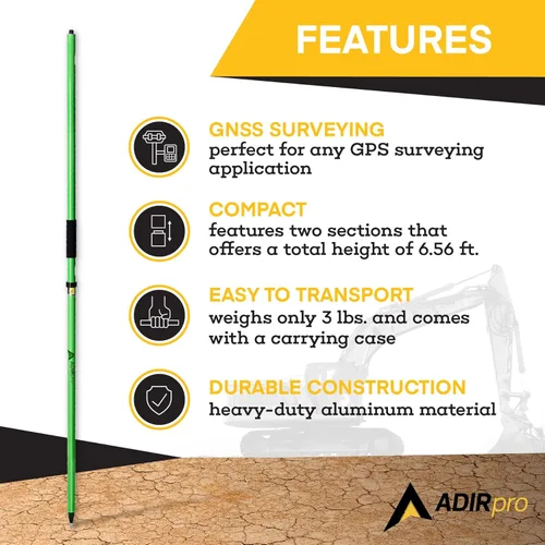 Vista 5 de AdirPro Varilla de aluminio GPS Rover de 6.6 ft Poste GPS de diseño de 2 piezas con rosca de 5/8 "-11 para topografía e ingeniería RTK GPS/GNSS