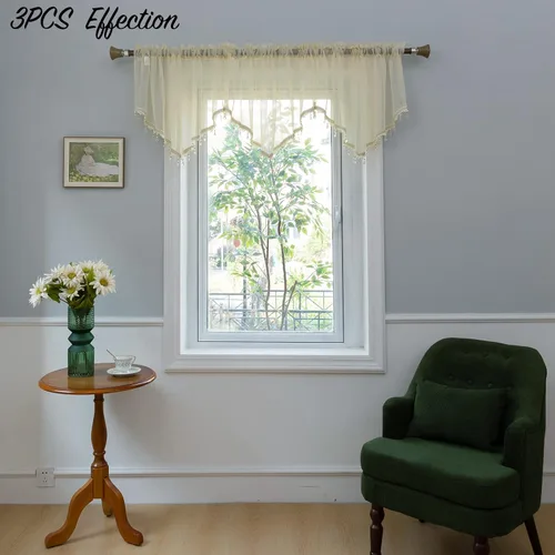 Vista 7 de PearAge Cortinas Cenefa Transparente con Cuentas para Sala de Estar, Cenefa de Ventana de Granja con Bolsillo para Barra, Cenefa de Cortina de Gasa