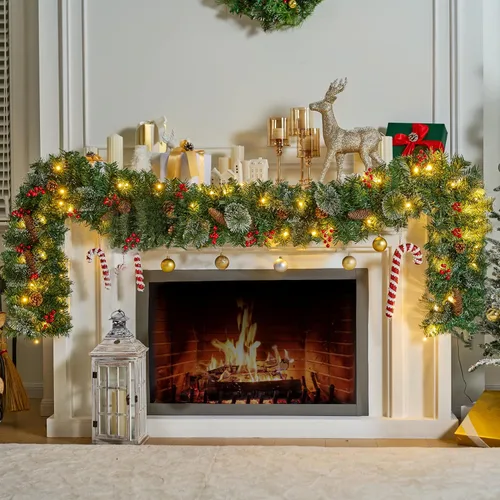 Vista 5 de Joiedomi - Guirnalda de Navidad de 9 pies preiluminada con 50 luces de cadena, cerdas, conos de pino, bayas de acebo para decoraciones de invierno