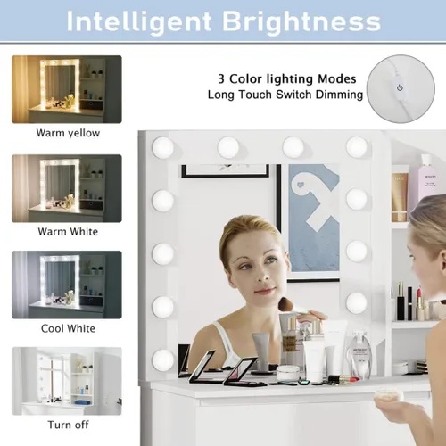 Vista 3 de Vabches Tocador de maquillaje con luces, escritorio de tocador de 37 pulgadas, cómoda de 4 cajones grandes con espejo iluminado, 3 modos de Blanco
