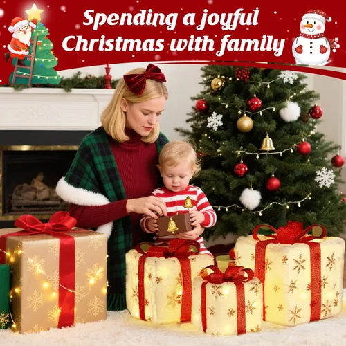Vista 2 de Decoraciones de Navidad, juego de 3 cajas de regalo iluminadas de Navidad, cajas de regalo de Navidad a pilas, LED blanco cálido con lazos