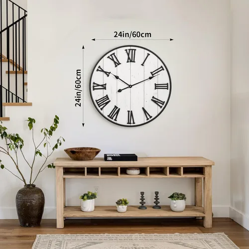 Vista 7 de MODE HOME Reloj de pared grande de madera rústica, reloj de pared de granja de 24 pulgadas blanqueadas con números romanos tallados, reloj redondo