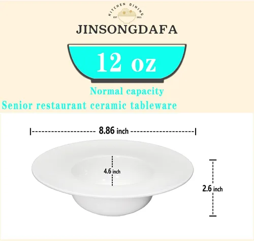 Vista 2 de Tazón de sopa, plato de sopa con borde de 12 onzas, juego de 4 cuencos para pasta, plato blanco poco profundo, cuenco de sopa de cerámica de borde