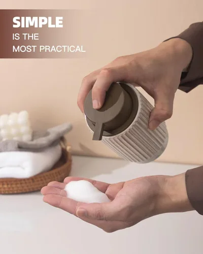 Vista 6 de Fun Elements Dispensador de jabón espumoso, dispensador de jabón de plástico de grano de madera, botella recargable de 10 onzas para jabón líquido