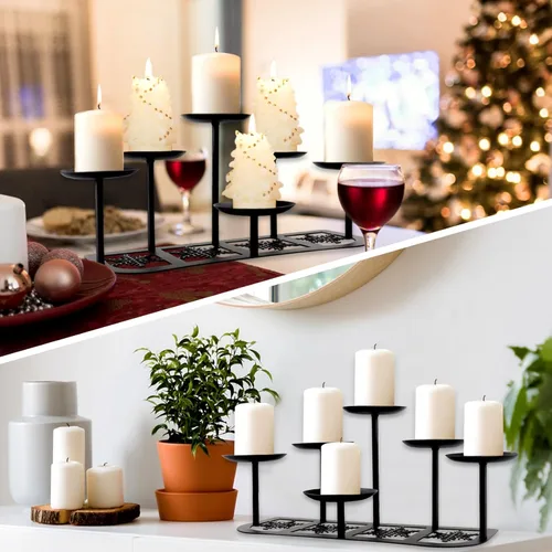 Vista 7 de Portavelas de chimenea de metal negro mate con 6 soportes de velas, decoración de manto para velas sin llama o de cera, mesa de piso, centro
