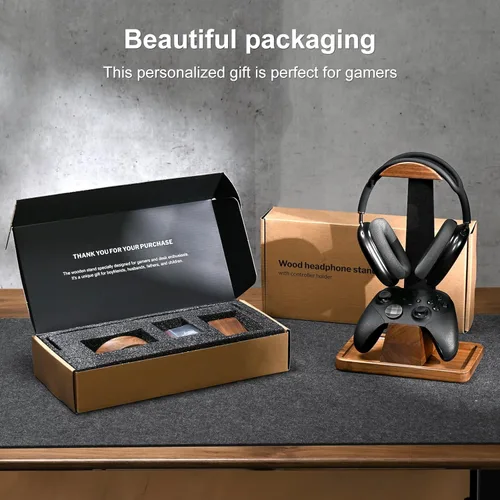 Vista 8 de UPERGO Headset Stand with Gaming Controller Holder, Walnut Wood Headphone Stand with Storage Base, Gaming Equipment Accessories for Desk