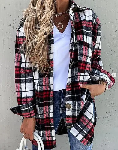 Vista 4 de Camisa de franela a cuadros para mujer, de manga larga, informal, longitud intermedia, con botones y bolsillos