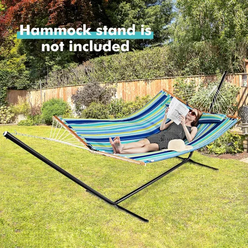 Vista 3 de Giantex Hamaca para acampar con barra separadora, almohada desmontable, cuerdas de algodón tejidas a mano, hamacas al aire libre para patio, patio