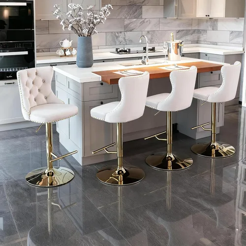 Taburetes de bar giratorios de terciopelo con base dorada, juego de 4 sillas ajustables para isla de cocina Beige