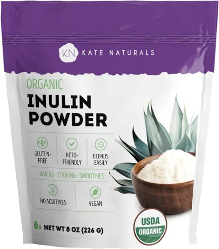Kate Naturals Polvo de inulina orgánico de Blue Agave (8oz) de fibra prebiótica soluble para café, yogur y batidos